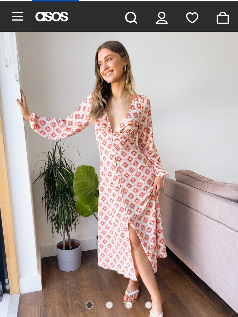 ASOS Cream and Pink Geometric Long-Sleeve Midi Dress